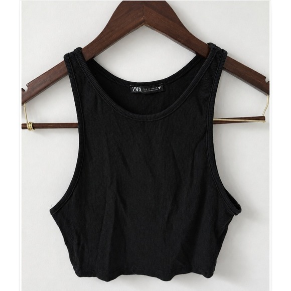 Zara Tops - Zara Woman's Black Basic Ribbed Knit Crew Neck Crop Tank Top Size Large Staple